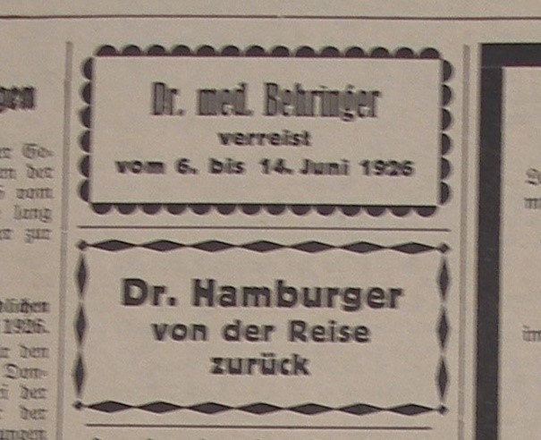 Der Zahnarzt Hamburger inseriert in der Zeitung Noerdlinger Anzeigeblatt 7 6 1926