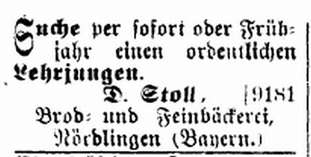 fbu Anzeige von Stoll zu Lehrjunge Inseriert 1901 vermutlich im Noerdlinger Anzeigeblatt