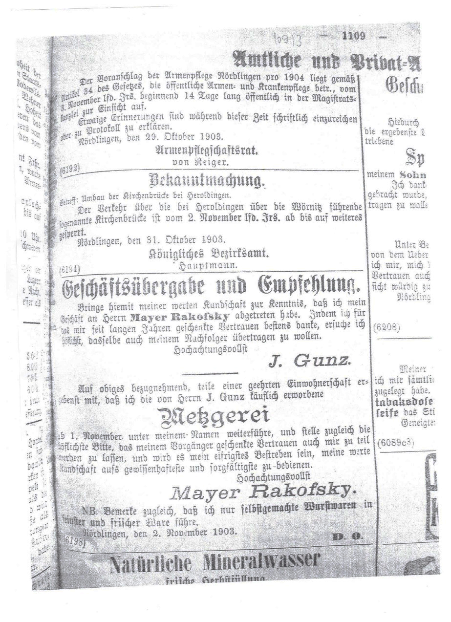 Geschaeftsanzeige in Noerdlinger Anzeigeblatt November 1903 S 1109